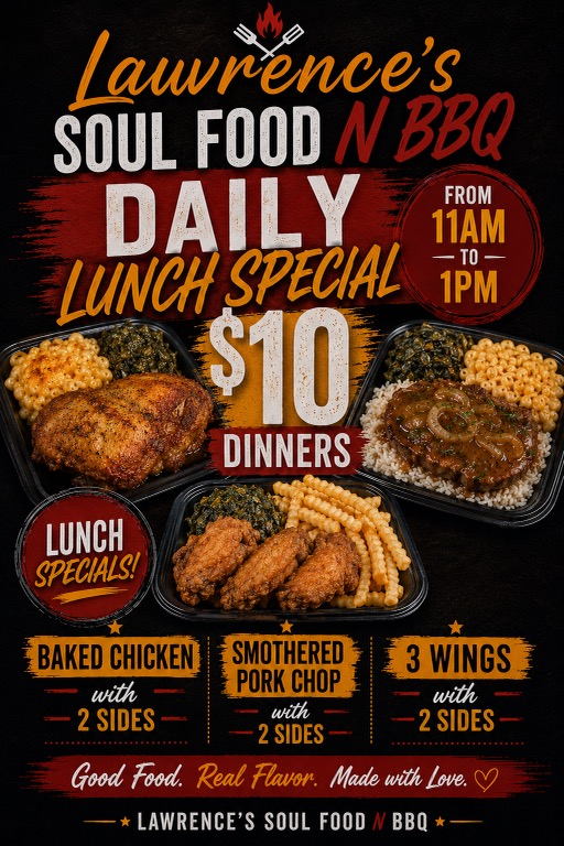 Lawrence's daily $10 lunch special flyer, 11am to 1pm