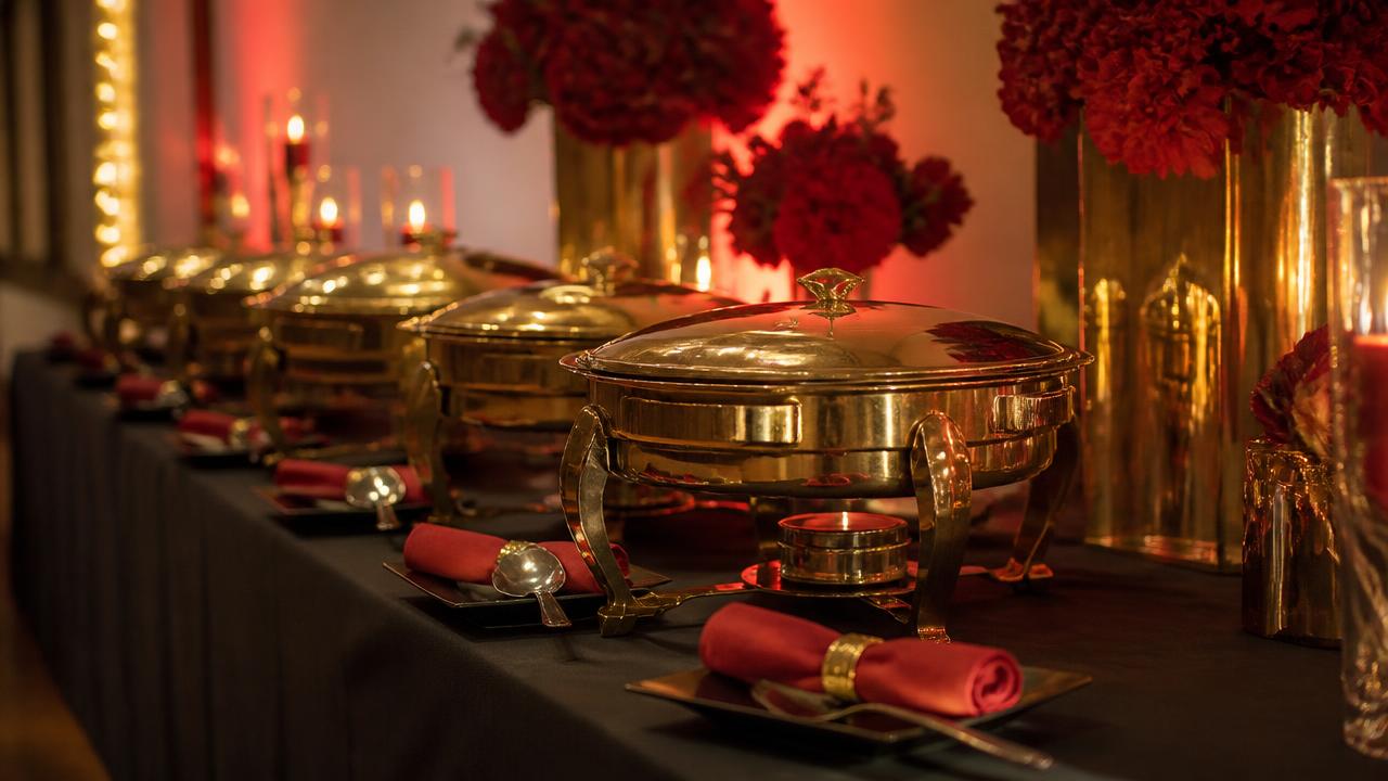 Elegant soul food catering buffet with gold chafing dishes and red napkins