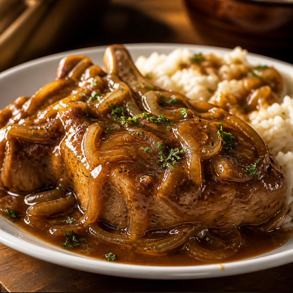 Smothered pork chops with onion gravy